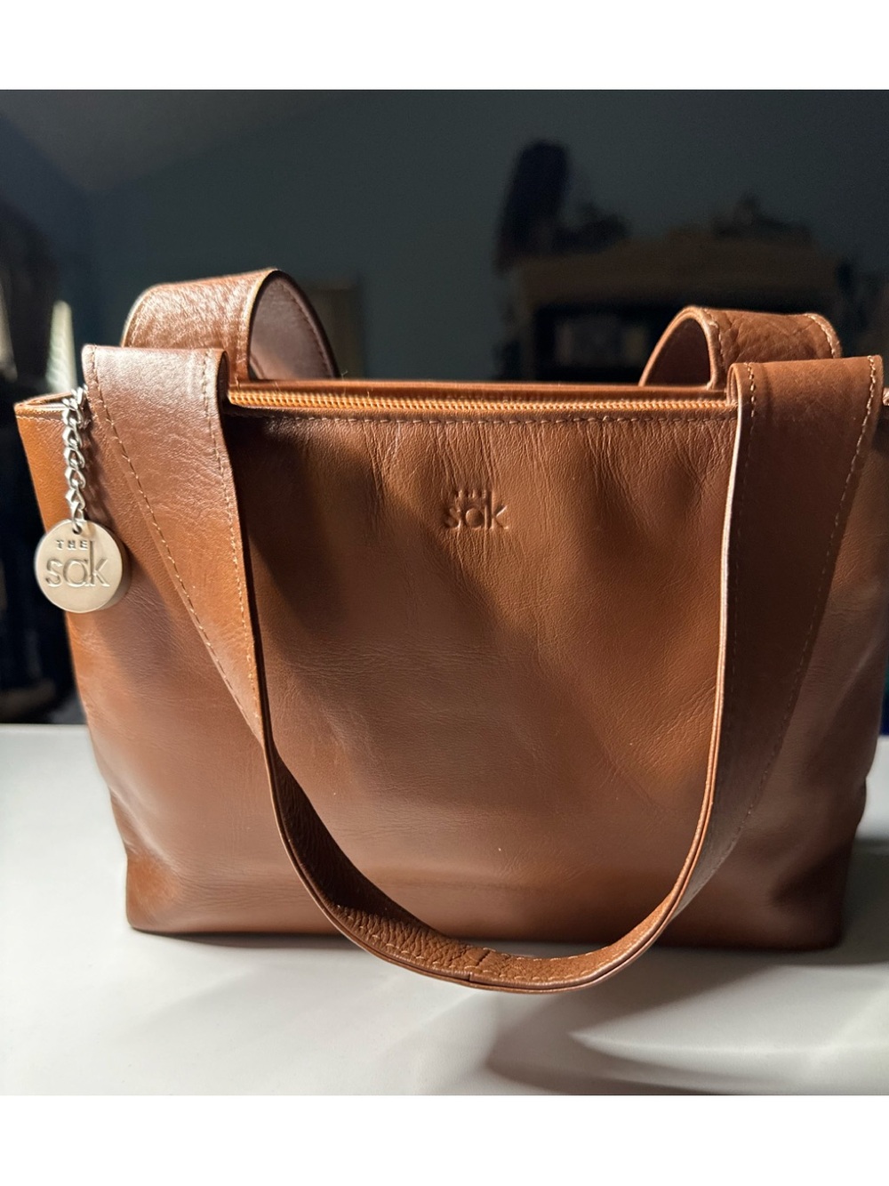 The Sak Mini Leather Hand Bag in Cognac Brown